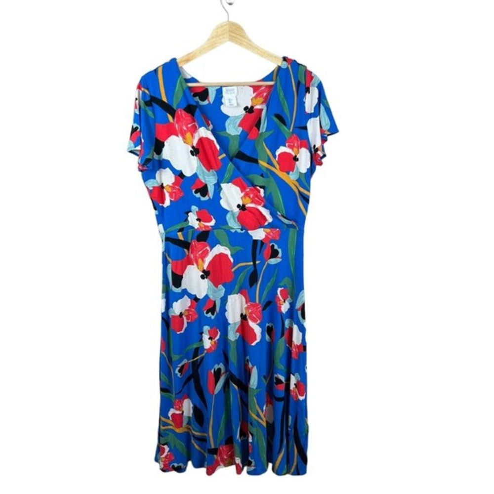 Sigrid Olsen Womens Blue Floral V Neck Short Flutter‎ Sleeve A-Line Dress Large